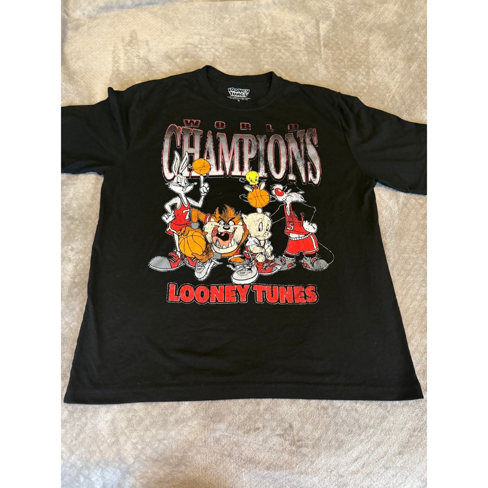 Looney Tunes World Champions Basketball Graphic T-Shirt Black Mens XL Bugs Bunny